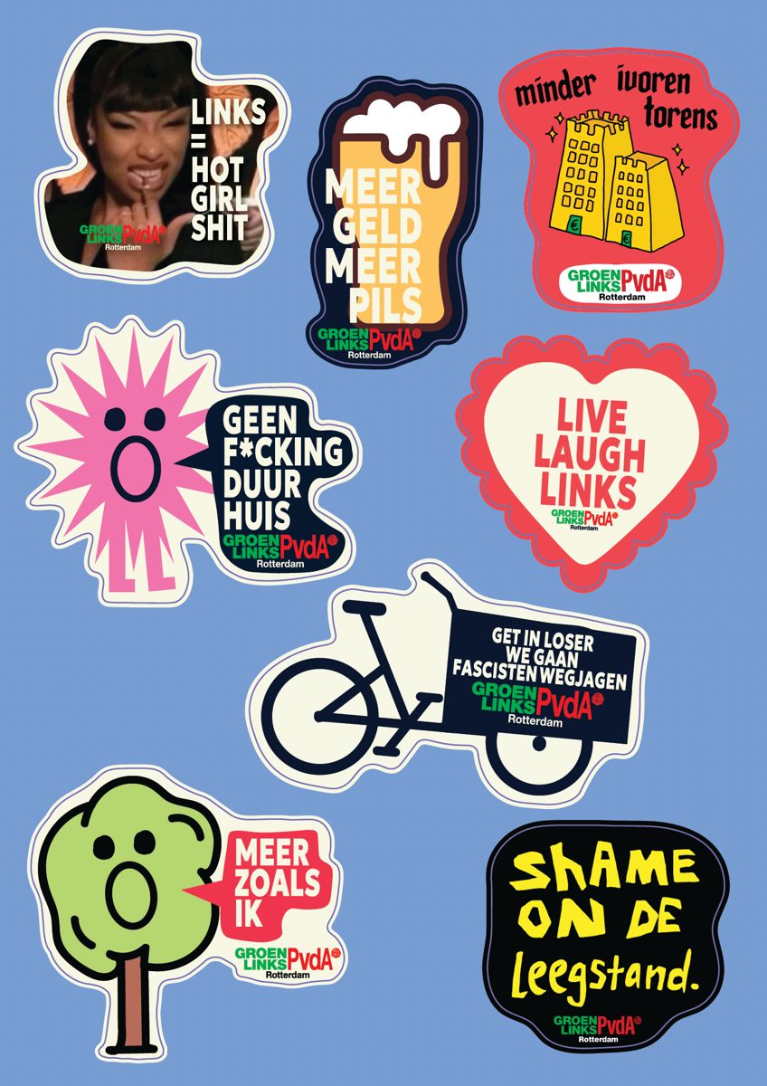 Stickervel met acht stickers voor GroenLinks-PvdA Rotterdam